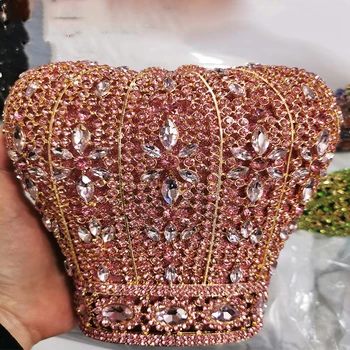 Роскошные Вечерние клатчи в форме короны из золотого металла, розового хрусталя, страз, бриллиантов, женские свадебные сумки на плечо для новобрачных
