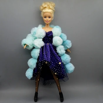 Подходит для Куклы Барби длиной 30 см, Фиолетовое Пальто + Синее Платье + Черные Носки + Туфли На высоком Каблуке, Подарок На День Рождения Для девочек