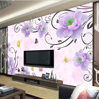 обои на заказ beibehang fantasy purple flower fresco TV background, обои для стен 3 d, papel de parede para quarto