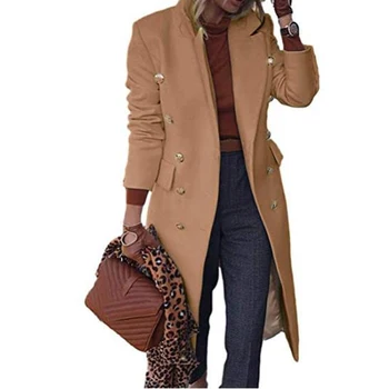 Осень-Зима 2021, женские куртки, шерстяные пальто с лацканами, однотонное двубортное женское пальто длиной до колена, женское пальто большого размера