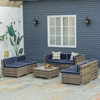 Синий Уличный Плетеный диван для Патио из 7 Предметов, Современный Набор мебели для беседы из Ротанга с Подушками и Чайным столиком