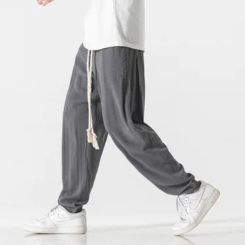 Льняные мужские брюки в стиле Тан Хлопок, Китайский повседневный костюм 2023, Однотонные джоггеры для бега трусцой, винтажные мужские шаровары