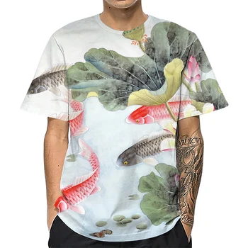 HX Модные мужские футболки с пейзажной живописью Koi lotus, рубашки с 3D-принтом, футболки с животными, летние футболки с коротким рукавом