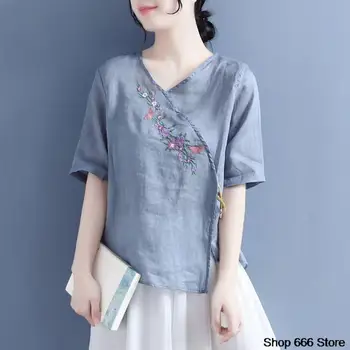 Летний винтажный Арт-топ из тонкого хлопкового льна с вышивкой, футболка с V-образным вырезом в этническом стиле, китайская традиционная женская одежда, чайная одежда