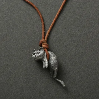 Винтажное серебряное ожерелье с подвеской в виде кошки, кожаное ожерелье с веревочной цепочкой для мужчин, женское ожерелье, ретро ювелирные изделия, подарок для вечеринки