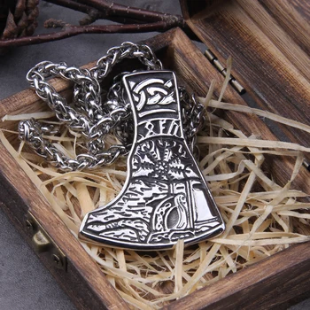 Никогда не выцветает, топор воина-викинга в скандинавском стиле из нержавеющей стали и ожерелье с подвеской Vegvisir в подарок для мужчин в деревянной коробке
