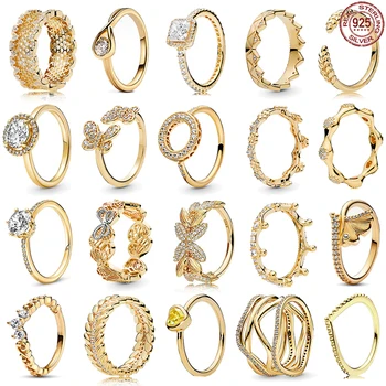 Кольцо серии блестящего золотого цвета из стерлингового серебра 925 пробы изысканные короны сердце бабочка пчела кольцо с каплей воды шарм женские украшения