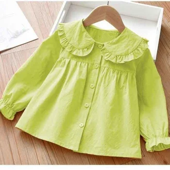 Блузки для девочек, хлопчатобумажные рубашки, детские расклешенные топы с длинными рукавами, воротник Питер, весенне-осенняя одежда, блузка для маленьких девочек, футболка Q524
