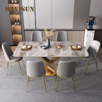 Новый роскошный обеденный стол из глянцевого мрамора в скандинавском стиле на 6 персон, Креативный кухонный стол для большой и маленькой семьи с позолотой из нержавеющей стали
