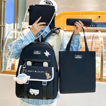 Летний Новый женский рюкзак 4 В 1, модная школьная сумка со значком для девочек, дорожные рюкзаки большой емкости, повседневные студенческие сумки для книг