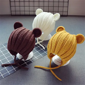 Осенне-зимняя Милая шапка для маленьких девочек и мальчиков с Медвежьими ушками, теплые вязаные шапочки, детская шапочка