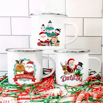 Веселая Рождественская Елка, Снеговик, Кружка с принтом Санта-Клауса, Эмалированная ручка, Кофейная чашка, Банкетные Кружки для питья, подарок для семьи, любимого Друга