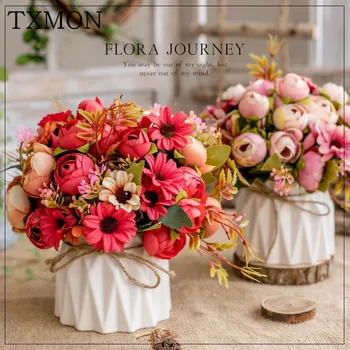 Скандинавский набор искусственных цветов (цветок + ваза), Керамическая ваза из пеньковой веревки, Роза, искусственные растения в горшках, свадебное украшение, искусственный цветок
