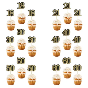 10шт Черное золото 18 21 30 40 50 60-летние топперы для кексов на день рождения для взрослых, для женщин, для мужчин, для тортов на 30-ю годовщину