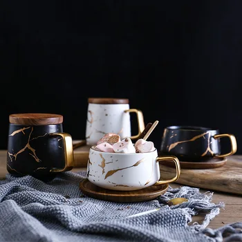 Керамическая чашка для чая с матовым золотистым мрамором в скандинавском стиле, Кофейная кружка, Роскошные чашки для чая и молока в кафе, Деревянный поднос, Принадлежности для домашнего ресторана