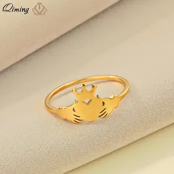 QIMING Handmade Gothic Crown Claddagh Ring Женские Ювелирные изделия из нержавеющей стали для девочек Обручальные кольца