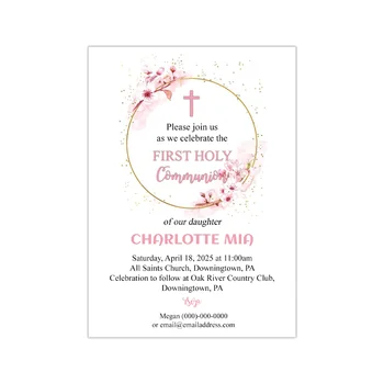 Приглашение на Первое Святое Причастие, розовые цветы в деревенском стиле, персонализированная карточка для приглашения на первое Причастие