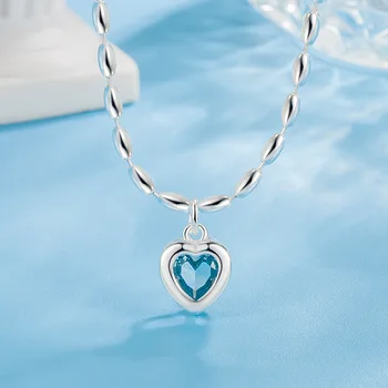 KOFSAC Модное ожерелье с синим сердцем из циркона для женщин, блестящие ювелирные изделия из стерлингового серебра 925 пробы, цепочка из рисовых бусин, подарок Леди на День Святого Валентина