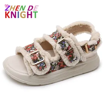 Детские сандалии 2023, летние новые тапочки, модные туфли принцессы для девочек в цветочек, пляжная обувь для маленьких детей