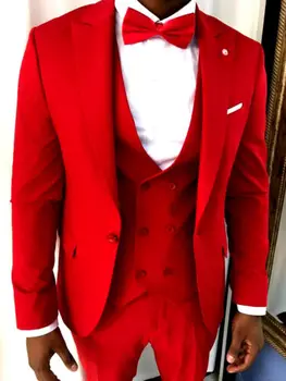 Красивый Красный мужской костюм Slim Fit, 3 предмета, Деловые смокинги, джентльмен, свадьба, жених, выпускной, вечеринка, блейзер, брюки