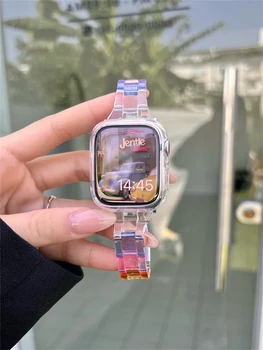 Ремешок цвета радуги подходит для Apple Watch 7 6 5 SE, модный ремешок из прозрачной смолы с тонкой талией для iwatch Band 41 мм 45 38 40 мм