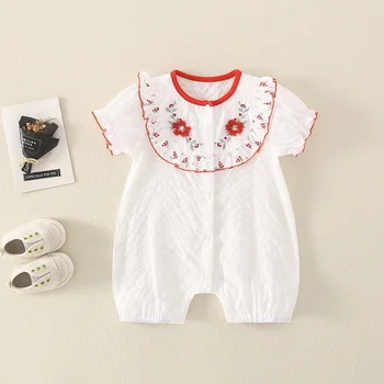 Летний детский комбинезон с цветочным рисунком из чистого хлопка с коротким рукавом, белая одежда для маленьких девочек, боди с круглым вырезом, детский комбинезон