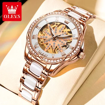 Женские автоматические часы OLEVS, роскошные механические часы со скелетом из розового золота и светящимися бриллиантами, элегантные женские часы