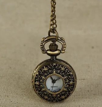 100 шт./лот, винтажные карманные часы с выдолбленным листом из бронзы, ожерелье для мужчин и женщин, ожерелье небольшого размера, подарочные часы