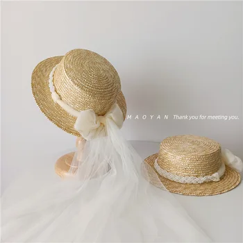 Летняя модная соломенная шляпа для девочек с жемчужным галстуком и кружевным бантом, детский праздничный цилиндр из пшеничной соломы с плоским верхом