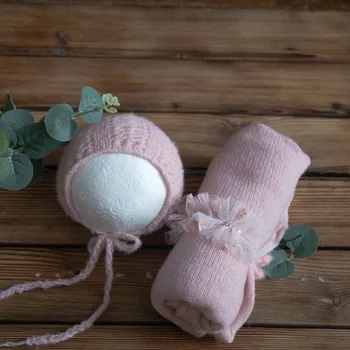 Вяжите детскую розовую шапочку, обертку, повязку на голову, реквизит для фотосъемки новорожденных, трикотажную эластичную обертку и шапочку, реквизит для одежды из многослойной ткани