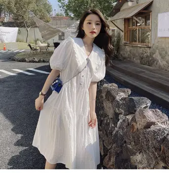 Y44080 # Платье для беременных Белого цвета, свободное платье для женщин, корейский стиль, воротник Питер Пэн, тонкая одежда для беременных, женская одежда для беременных