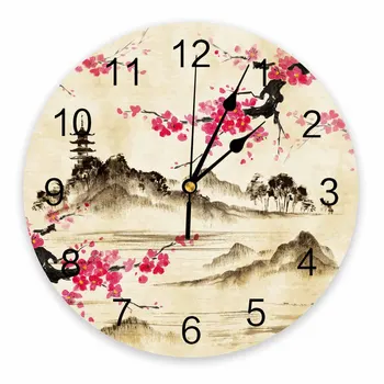 Картина тушью в китайском стиле, декоративные Круглые настенные часы в цвету сливы, индивидуальный дизайн, Не Тикающие, Бесшумные Большие настенные часы для спален