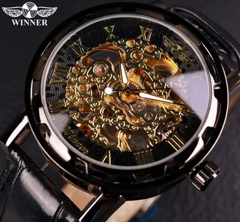 Мужские часы Winner из черного золота, мужские часы Relogios Skeleton, мужские Часы, лучший бренд Класса люкс, Кожаные Наручные часы Montre, мужские механические Часы