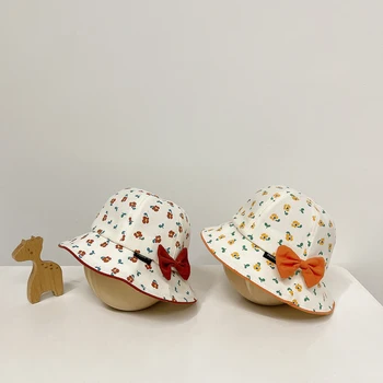 Детская Шляпка в Корейском стиле с цветочной вышивкой, Рыбацкая Шляпка с бантом, Шляпка для маленьких девочек, Модные Аксессуары для детей 4-12 месяцев, Солнцезащитная Шляпка