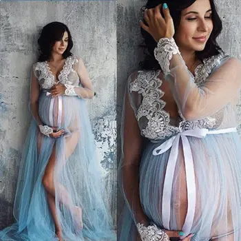 Женское платье для беременных для фотосессии, одежда для беременных, кружевная отделка с длинным рукавом, сетчатые прозрачные платья для беременных с разрезом, женские