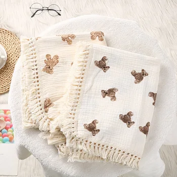 Милый Мишка, Муслиновые квадраты, Хлопчатобумажное детское одеяло для новорожденных, плед, детское пеленальное одеяло, аксессуары для младенцев, летнее одеяло для кровати