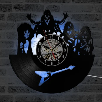 Часы с полой пластинкой KISS Rock Band Персонализированный дизайн, светодиодное освещение, креативная и антикварная виниловая пластинка, настенные часы с 7 часами