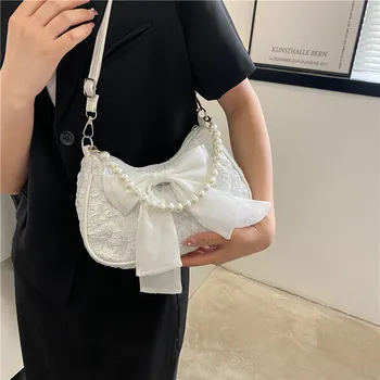 Жемчужная женская сумка, роскошная дизайнерская сумка в стиле ретро, сумки через плечо с бантом, модные холщовые женские сумки через плечо 2023 года, кошельки