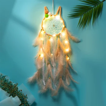 Ловец снов из перьев в форме кролика и кошки, светодиодная подсветка, декор комнаты в стиле бохо Каваи, Ловец снов, Подарки для девочек на День рождения, украшение дома