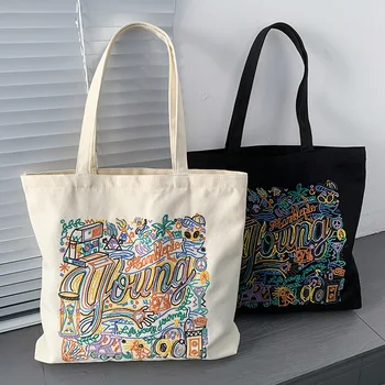 Корейская модная сумка через плечо для женщин, высококачественные холщовые сумки с вышивкой, сумка для книг для старшеклассников, сумки-тоут, сумка для покупок