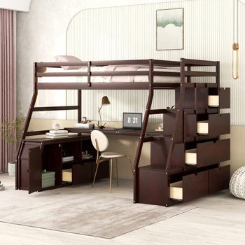 Кровать-чердак Espresso Twin Size с 7 выдвижными ящиками 2 полками и письменным столом, легко монтируемая для мебели для спальни в помещении