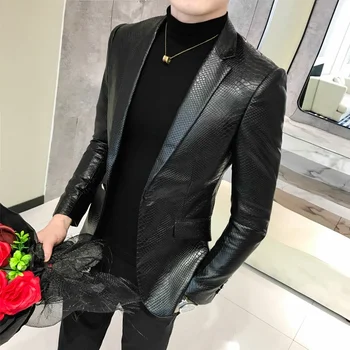 Мужская кожаная куртка, деловая мода, Однотонный цвет, Высококачественный Повседневный Тонкий бренд, вечерние, Черная кожаная куртка, Мужская одежда