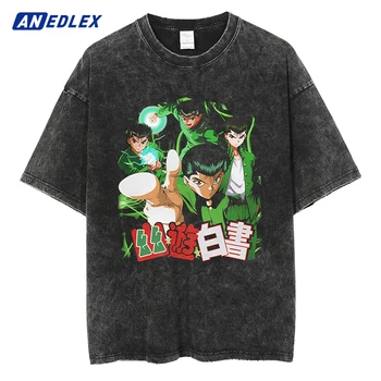 Мужская черная футболка с выстиранным рисунком, уличная одежда, футболка с графическим принтом аниме, Летняя футболка с коротким рукавом, хлопковая повседневная футболка Harajuku