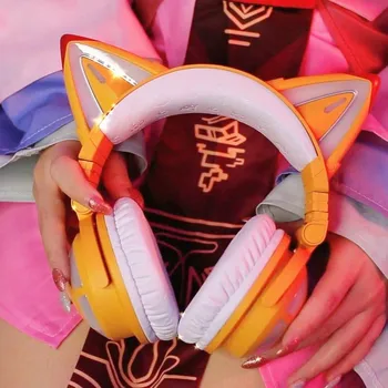 Оригинальная беспроводная Bluetooth-гарнитура YOWU Fox Demon с разноцветными кошачьими ушками, 12 цветов, игровые наушники RBG Light для девочек, приложение поддержки