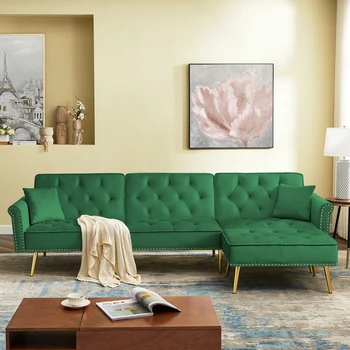 Раскладной секционный диван-кровать с зеленой бархатной обивкой, Г-образный диван с подвижным пуфиком и отделкой в виде гвоздей для гостиной