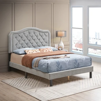Мягкая кровать с хохолком на пуговицах и изогнутым дизайном - Прочная деревянная планка - Простая сборка - Серый бархат - кровать на платформе - Queen