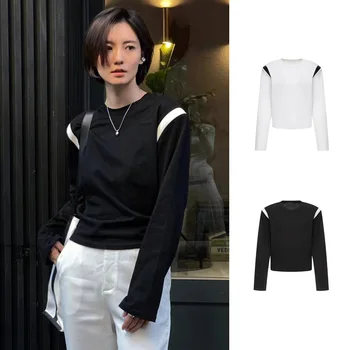 Новая модная женская футболка в полоску в стиле пэчворк с круглым вырезом и длинными рукавами, черно-белый топ с ниспадающими плечами для женщин