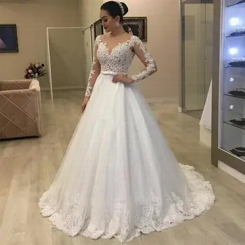 ZJ9305 Свадебные платья с аппликацией и длинными рукавами, свадебные платья с белым кружевным низом для женщин 2023 года, сшитые на заказ