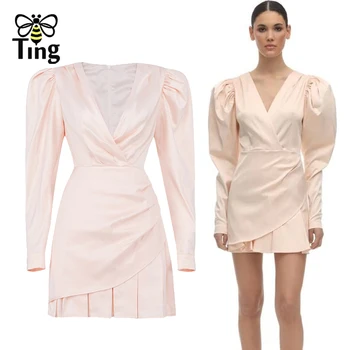 Tingfly Дизайнерские Модные Мини-Платья С V-образным Вырезом И Пышным Длинным Рукавом Розового Цвета, Женская Повседневная Уличная Одежда, Шикарные Vestidos Mini Faldas