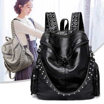 Новый Роскошный бренд, Женский рюкзак, Высококачественные кожаные школьные сумки, женские рюкзаки в стиле Moto с заклепками, Винтажная Мягкая женская сумка через плечо